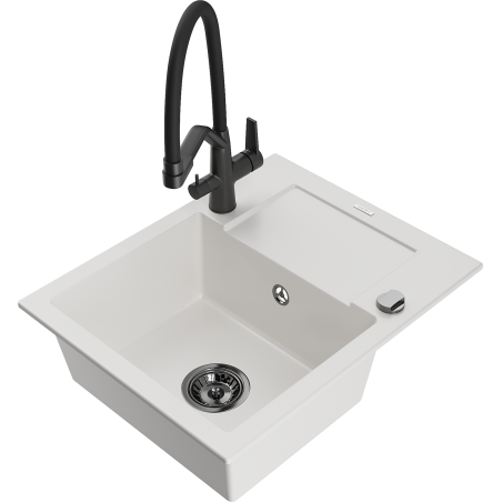 Mexen Enzo granitový dřez s jednou komorou, s odkapávačem a kuchyňskou baterií Duo, bílý - 6506-20-671701-70-B