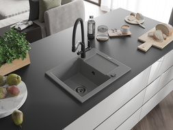 Mexen Enzo granitový dřez s jednou komorou s odkapávačem a kuchyňskou baterií Duo, šedý - 6506-71-671701-70-B