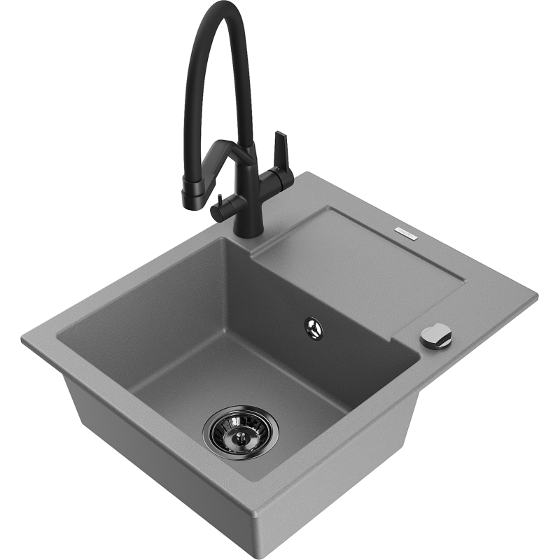 Mexen Enzo granitový dřez s jednou komorou s odkapávačem a kuchyňskou baterií Duo, šedý - 6506-71-671701-70-B