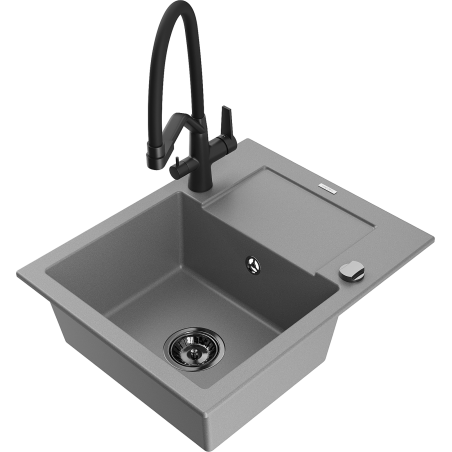 Mexen Enzo granitový dřez s jednou komorou s odkapávačem a kuchyňskou baterií Duo, šedý - 6506-71-671701-70-B