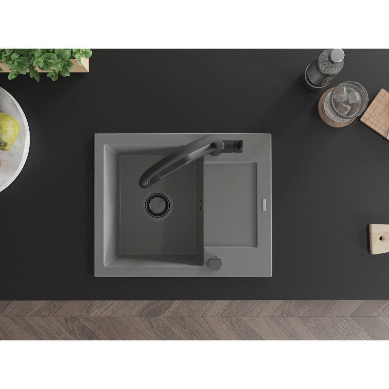 Mexen Enzo granitový dřez s jednou komorou s odkapávačem a kuchyňskou baterií Duo, šedý - 6506-71-671701-70-B