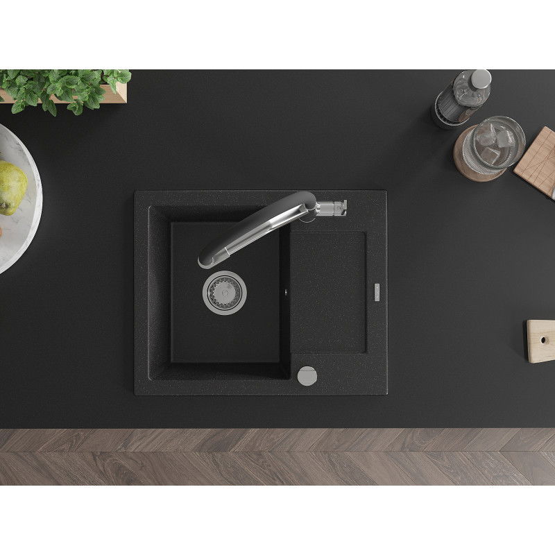Mexen Enzo granitový jednodřez s odkapávačem a kuchyňskou baterií Duo, černý/stříbrný metalik - 6506-73-671701-07