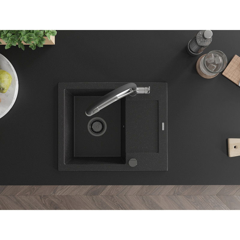 Mexen Enzo žulový dřez s 1 komorou s odkapávačem a kuchyňskou baterií Duo, černý/stříbrný metalický - 6506-73-671701-07-B