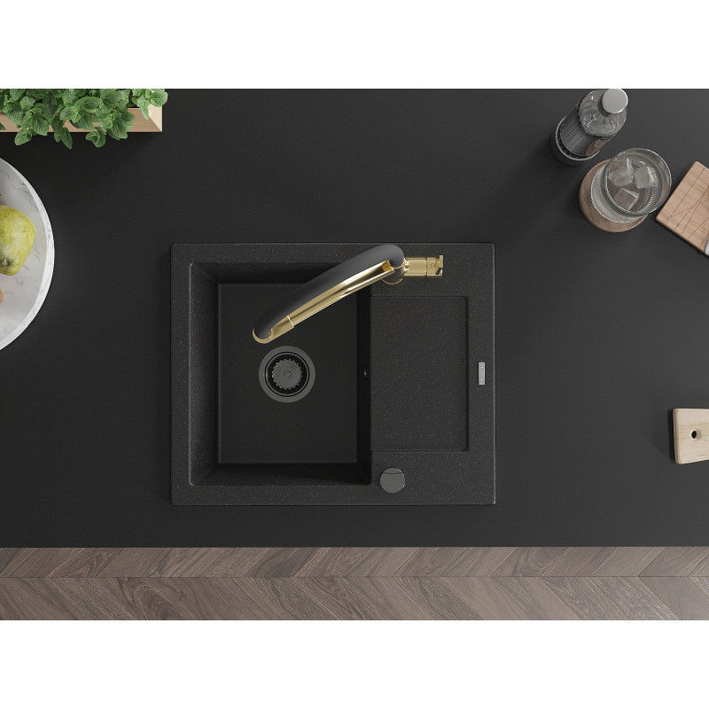 Mexen Enzo granitový dřez 1-komorový s odkapávačem a kuchyňskou baterií Duo, černý/stříbrný metalik - 6506-73-671701-57-B