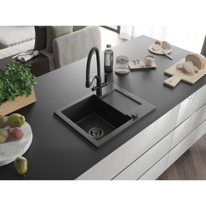 Mexen Enzo granitový dřez 1-komorový s odkapávačem a kuchyňskou baterií Duo, černý/stříbrný metalický - 6506-73-671701-70-B