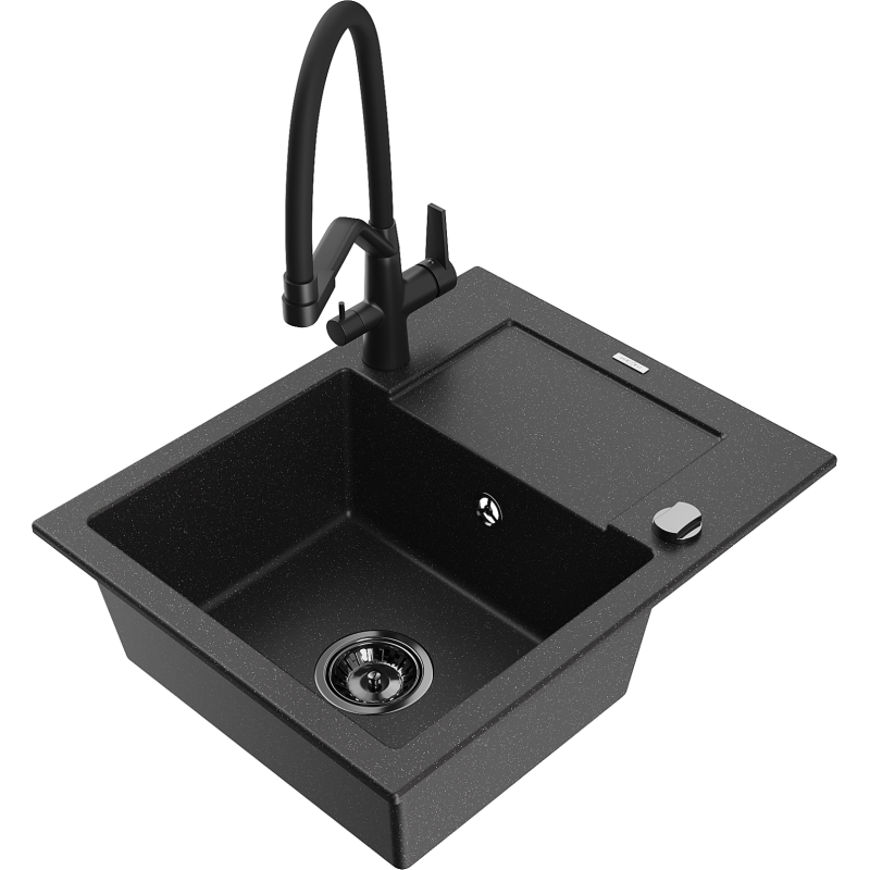 Mexen Enzo granitový dřez 1-komorový s odkapávačem a kuchyňskou baterií Duo, černý/stříbrný metalický - 6506-73-671701-70-B