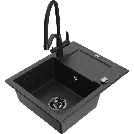 Mexen Enzo granitový dřez 1-komorový s odkapávačem a kuchyňskou baterií Duo, černý/stříbrný metalický - 6506-73-671701-70-B