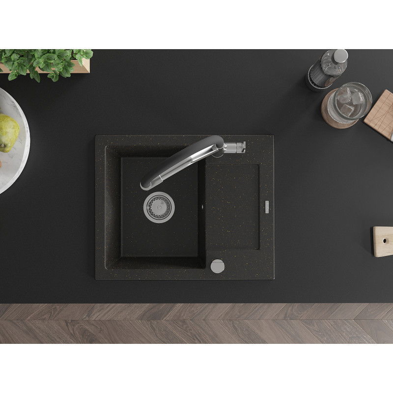 Mexen Enzo granitový dřez 1-komorový s odkapávačem a kuchyňskou baterií Duo, černý/zlatý metalik - 6506-75-671701-07