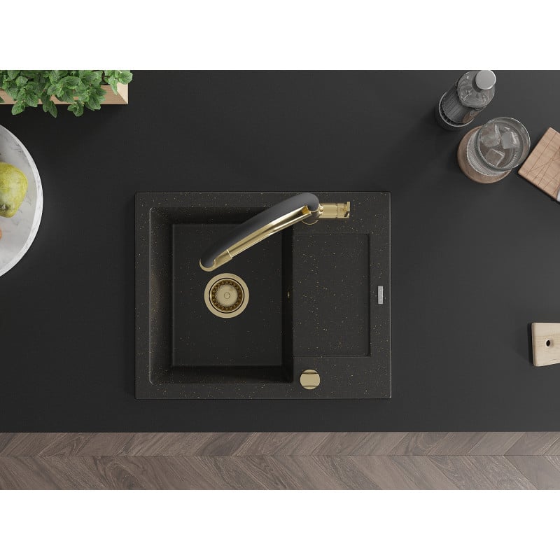Mexen Enzo granitový dřez s 1 komorou a odkapávačem s kuchyňskou baterií Duo, černý/zlatý metalik - 6506-75-671701-57-G