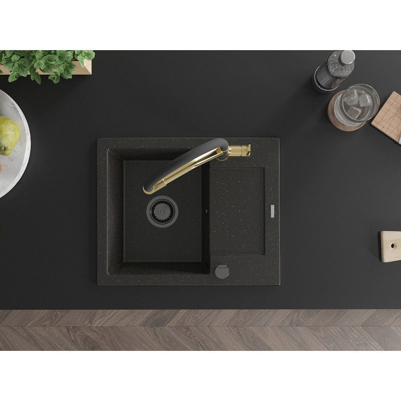 Mexen Enzo granitový dřez 1-komorový s odkapávačem a kuchyňskou baterií Duo, černý/zlatý metalik - 6506-75-671701-57-B