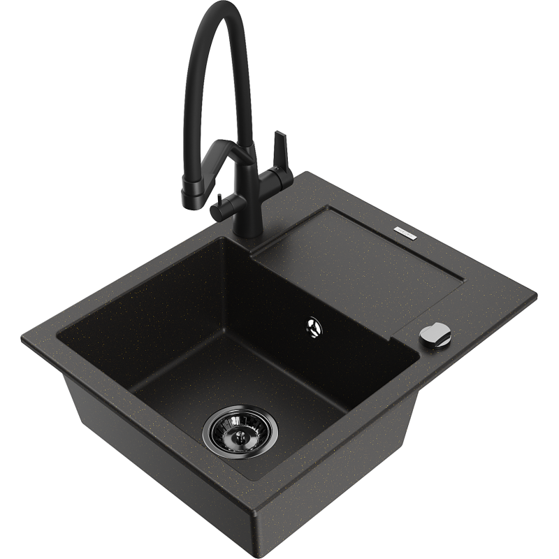 Mexen Enzo granitový dřez s 1 komorou s odkapávačem a kuchyňskou baterií Duo, černý/zlatý metalický - 6506-75-671701-70-B