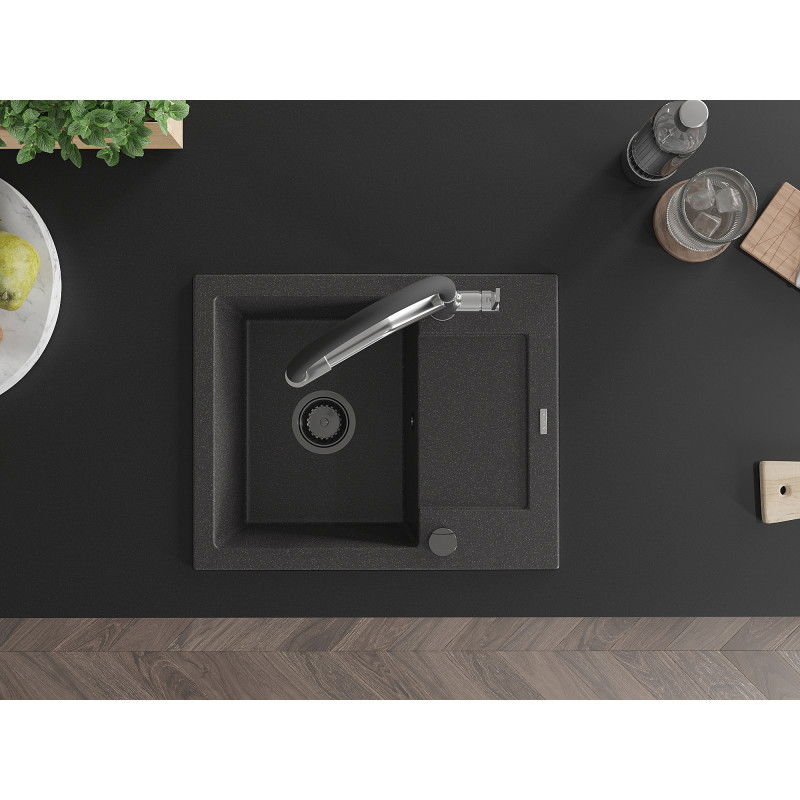 Mexen Enzo granitový dřez 1-komorový s odkapávačem a kuchyňskou baterií Duo, černý skvrnitý - 6506-76-671701-07-B
