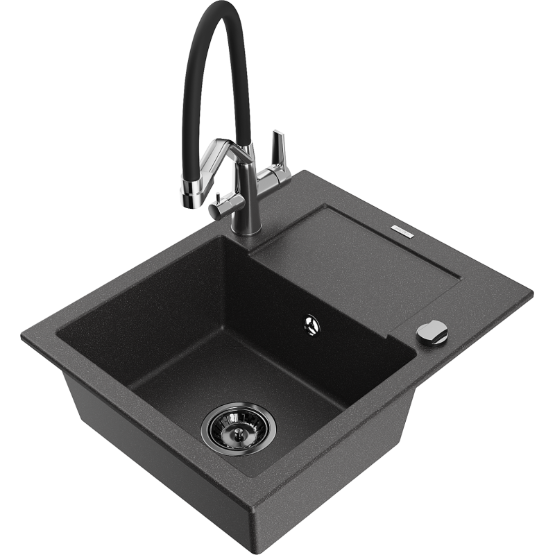 Mexen Enzo granitový dřez 1-komorový s odkapávačem a kuchyňskou baterií Duo, černý skvrnitý - 6506-76-671701-07-B