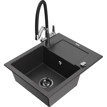 Mexen Enzo granitový dřez 1-komorový s odkapávačem a kuchyňskou baterií Duo, černý skvrnitý - 6506-76-671701-07-B