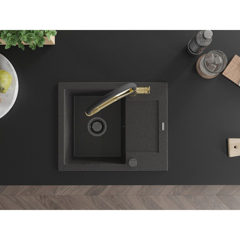 Mexen Enzo dřez granitový 1-komorový s odkapávačem a kuchyňskou baterií Duo, černý stříkaný - 6506-76-671701-57-B