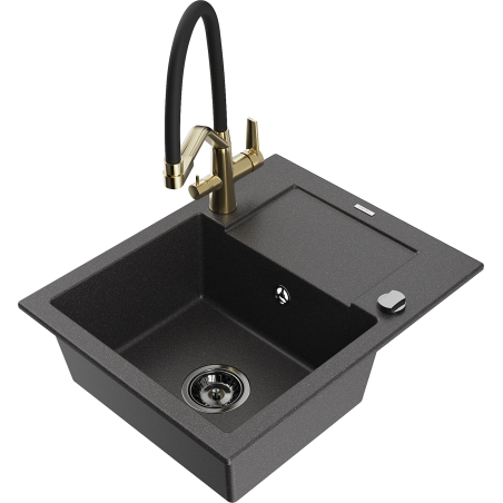 Mexen Enzo dřez granitový 1-komorový s odkapávačem a kuchyňskou baterií Duo, černý stříkaný - 6506-76-671701-57-B