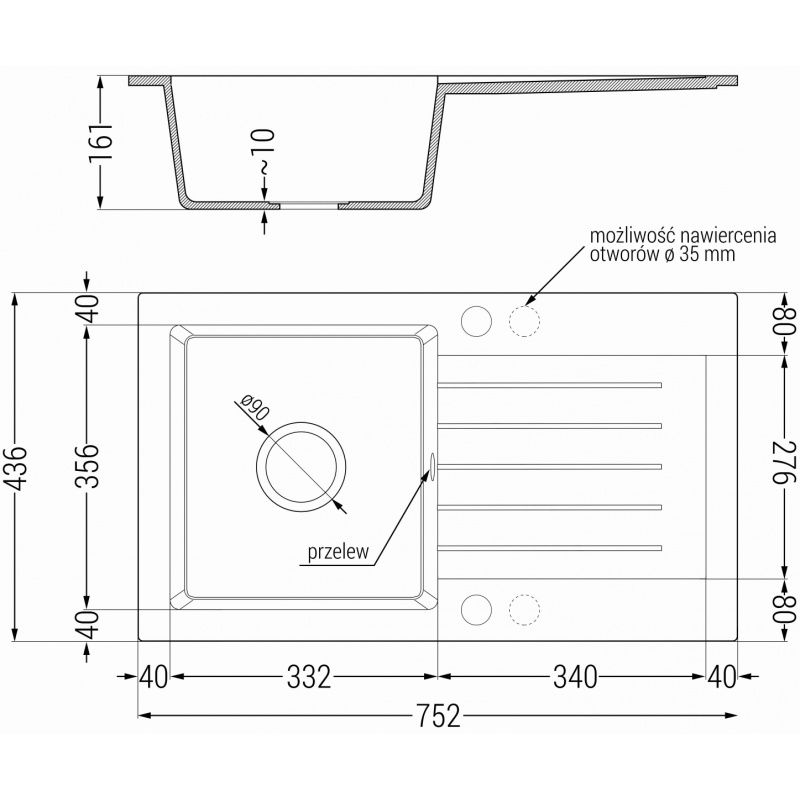 Mexen Pablo jednodřezový granitový dřez s odkapávačem 752 x 436 mm, černý, sifon chrom - 6510751010-77