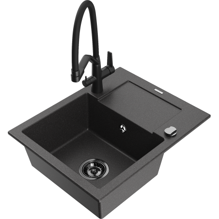 Mexen Enzo granitový dřez 1-komorový s odkapávačem a kuchyňskou baterií Duo, černý tečkovaný - 6506-76-671701-70-B