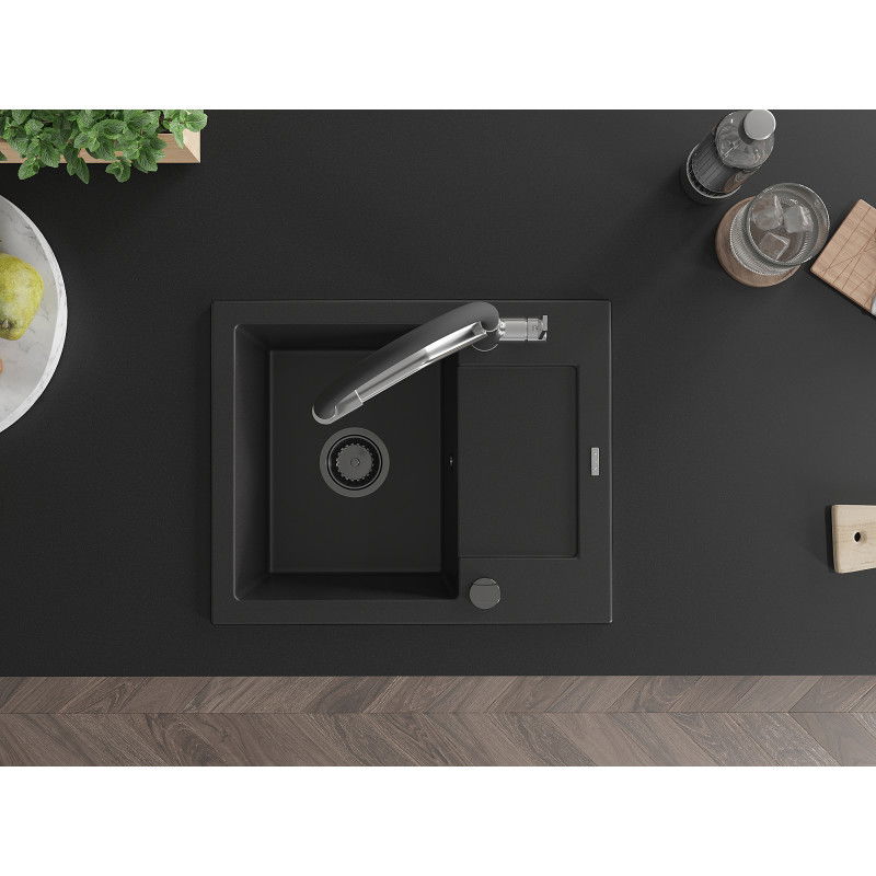 Mexen Enzo granitový dřez s 1 komorou, odkapávačem a kuchyňskou baterií Duo, černý - 6506-77-671701-07-B