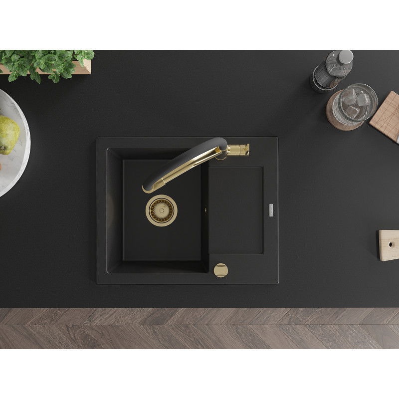 Mexen Enzo granitový kuchyňský dřez s jednou komorou, odkapávačem a kuchyňskou baterií Duo, černý - 6506-77-671701-57-G
