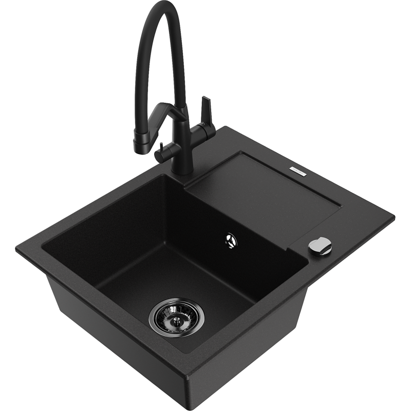 Mexen Enzo granitový dřez 1-komorový s odkapávačem a kuchyňskou baterií Duo, černý - 6506-77-671701-70-B
