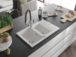 Mexen Gaspar granitový dřez 1,5-komorový s odkapávačem a kuchyňskou baterií Duo, bílý - 6507-20-671701-07