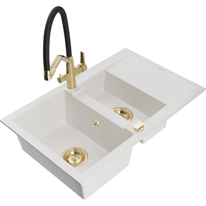 Mexen Gaspar granitový dřez 1,5-komorový s odkapávačem a kuchyňskou baterií Duo, bílý - 6507-20-671701-57-G