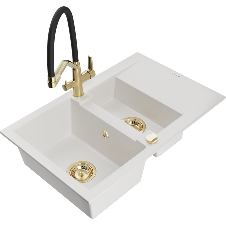 Mexen Gaspar granitový dřez 1,5-komorový s odkapávačem a kuchyňskou baterií Duo, bílý - 6507-20-671701-57-G