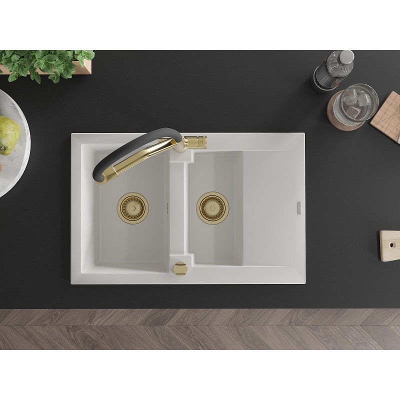 Mexen Gaspar granitový dřez 1,5-komorový s odkapávačem a kuchyňskou baterií Duo, bílý - 6507-20-671701-57-G