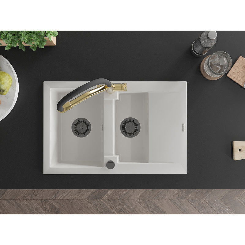 Mexen Gaspar granitový dřez 1,5-komorový s odkapávačem a kuchyňskou baterií Duo, bílý - 6507-20-671701-57-B