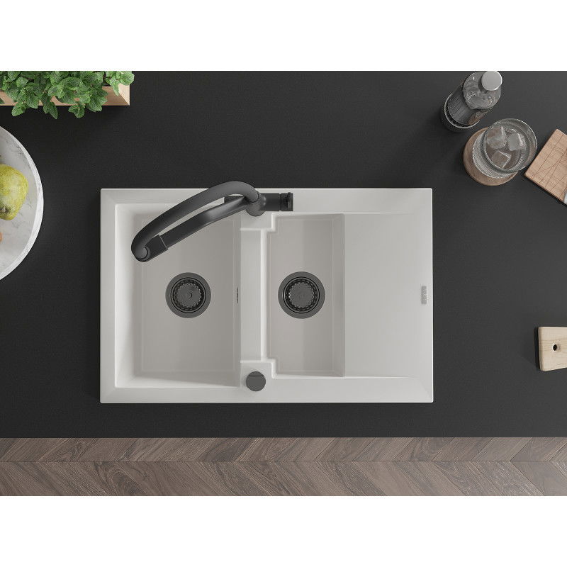 Mexen Gaspar granitový dřez 1,5-komorový s odkapávačem a kuchyňskou baterií Duo, bílý - 6507-20-671701-70-B