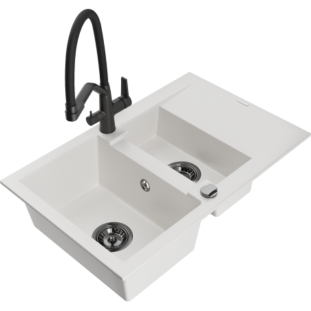 Mexen Gaspar granitový dřez 1,5-komorový s odkapávačem a kuchyňskou baterií Duo, bílý - 6507-20-671701-70-B