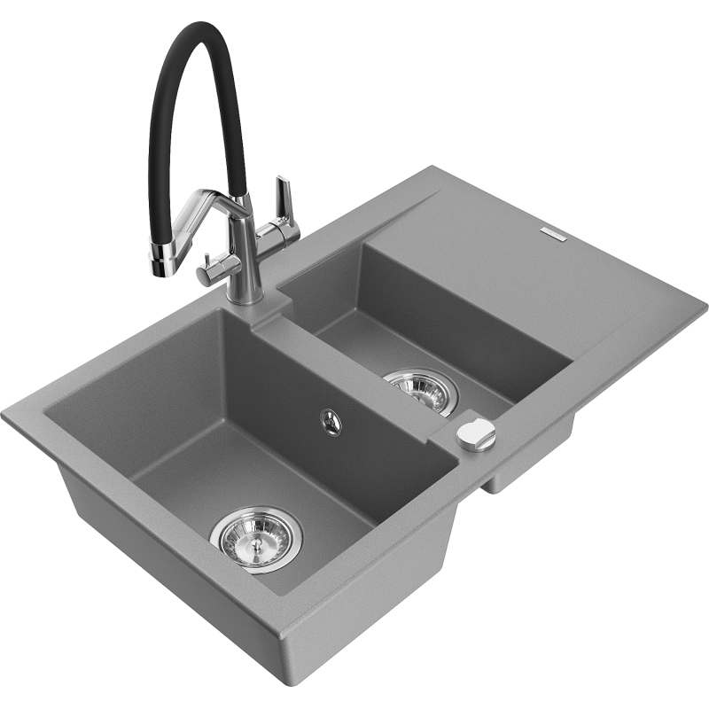 Mexen Gaspar granitový dřez 1,5-komorový s odkapávačem a kuchyňskou baterií Duo, šedý - 6507-71-671701-07