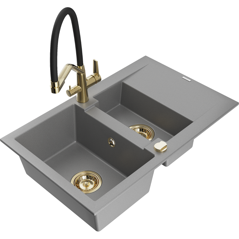 Mexen Gaspar granitový dřez 1,5-komorový s odkapávačem a kuchyňskou baterií Duo, šedý - 6507-71-671701-57-G