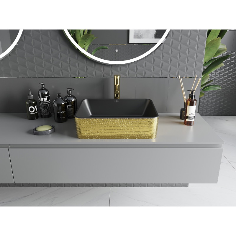 Mexen Catia umyvadlo na desku 48 x 37 cm, černá mat/zlatá vzor šupiny - 21314878
