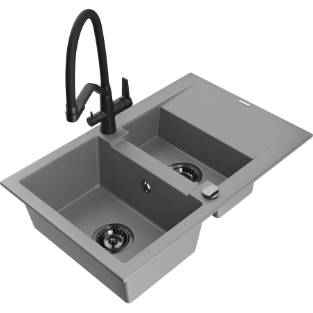 Mexen Gaspar granitový dřez 1,5-komorový s odkapávačem a kuchyňskou baterií Duo, šedý - 6507-71-671701-70-B
