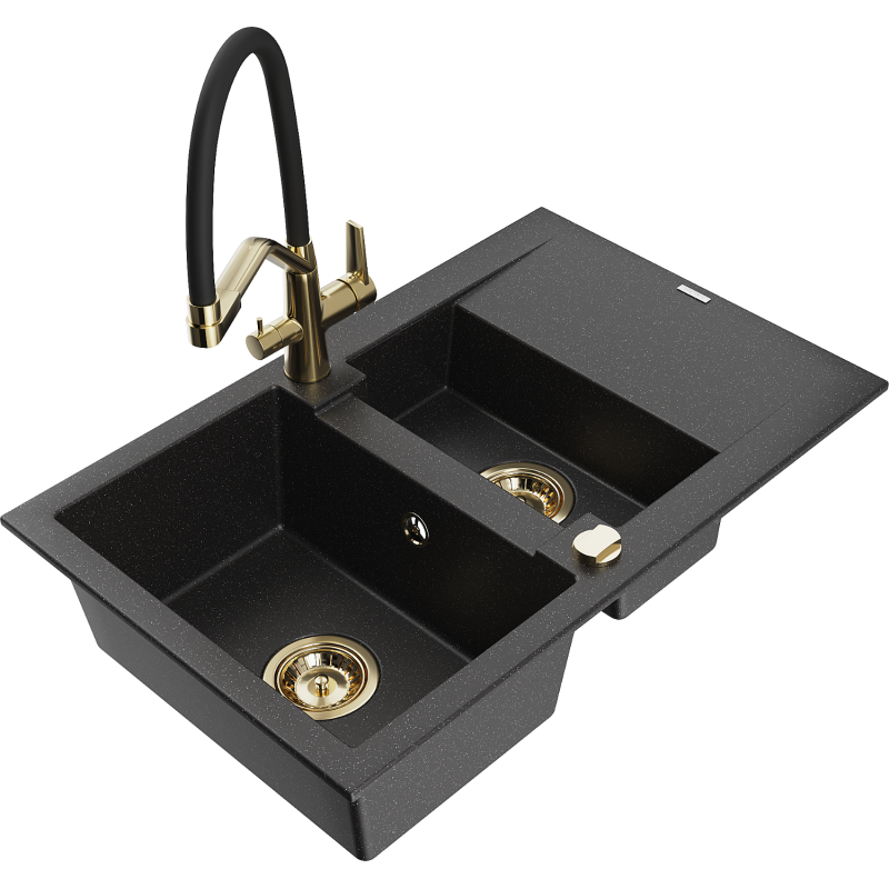 Mexen Gaspar granitový dřez 1,5-komorový s odkapávačem a kuchyňskou baterií Duo, černý/stříbrný - 6507-73-671701-57-G
