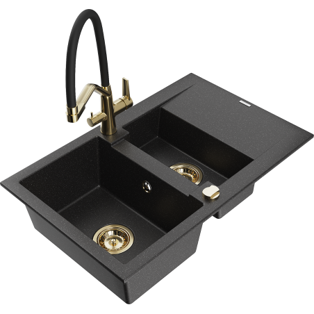 Mexen Gaspar granitový dřez 1,5-komorový s odkapávačem a kuchyňskou baterií Duo, černý/stříbrný - 6507-73-671701-57-G