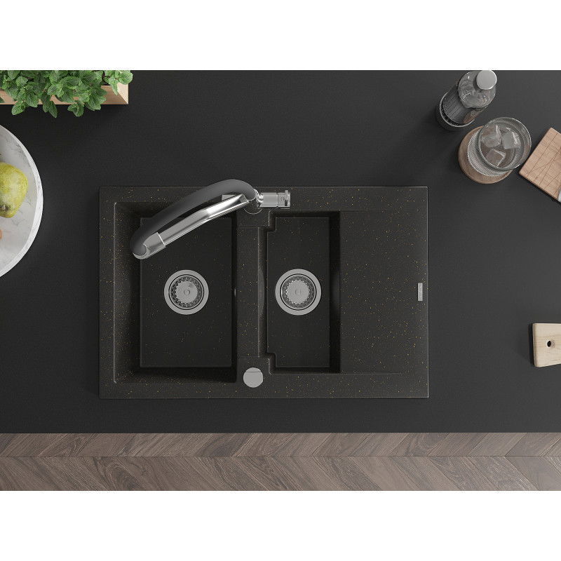 Mexen Gaspar granitový dřez 1,5-komorový s odkapávačem a kuchyňskou baterií Duo, černý/zlatý metalik - 6507-75-671701-07