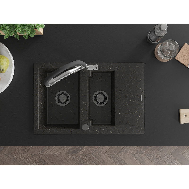 Mexen Gaspar žulový dřez 1,5-komorový s odkapávačem a kuchyňskou baterií Duo, černý/zlatý metalik - 6507-75-671701-07-B