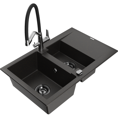 Mexen Gaspar žulový dřez 1,5-komorový s odkapávačem a kuchyňskou baterií Duo, černý/zlatý metalik - 6507-75-671701-07-B