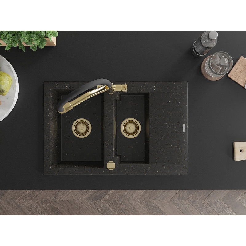 Mexen Gaspar granitový dřez 1,5-komorový s odkapávačem a kuchyňskou baterií Duo, černý/zlatý metalik - 6507-75-671701-57-G