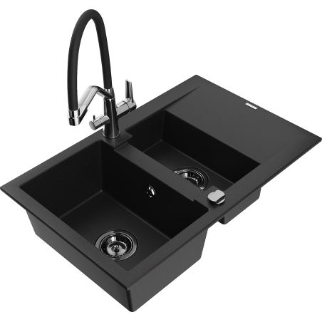Mexen Gaspar granitový dřez 1,5-komorový s odkapávačem a kuchyňskou baterií Duo, černý - 6507-77-671701-07-B