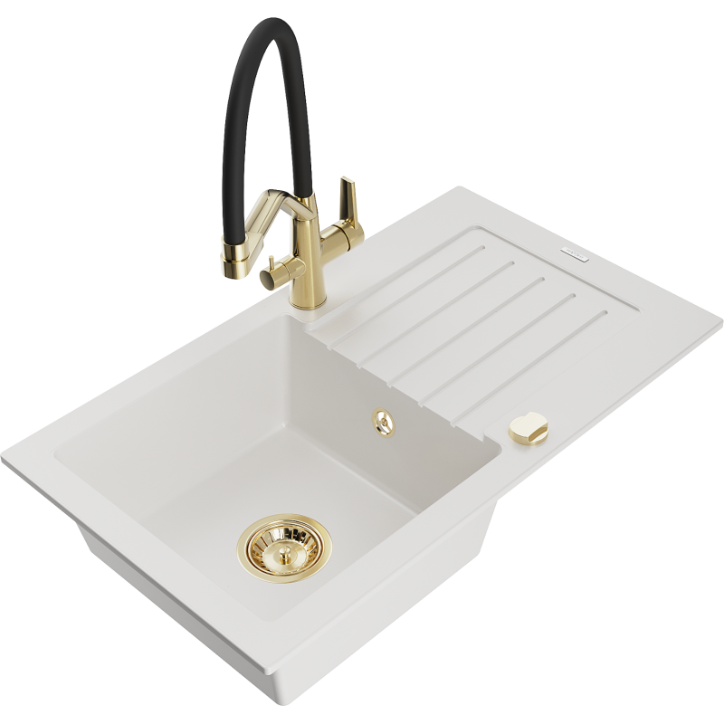 Mexen Pablo granitový dřez 1-komorový s odkapávačem a kuchyňskou baterií Duo, bílý - 6510-20-671701-57-G