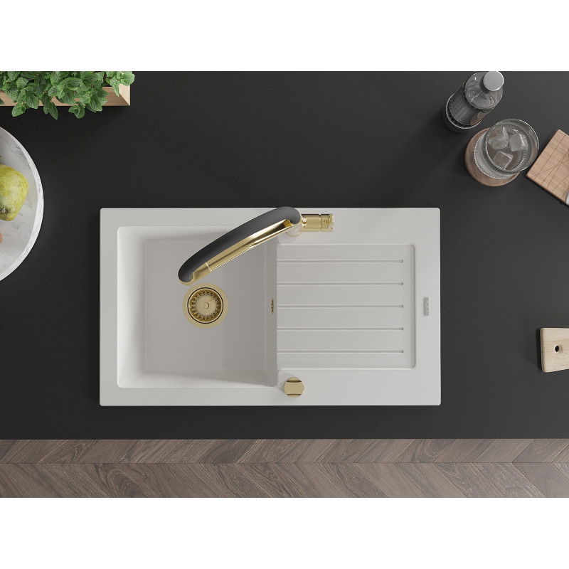 Mexen Pablo granitový dřez 1-komorový s odkapávačem a kuchyňskou baterií Duo, bílý - 6510-20-671701-57-G