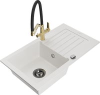 Mexen Pablo granitový dřez 1-komorový s odkapávačem a kuchyňskou baterií Duo, bílý - 6510-20-671701-57-B