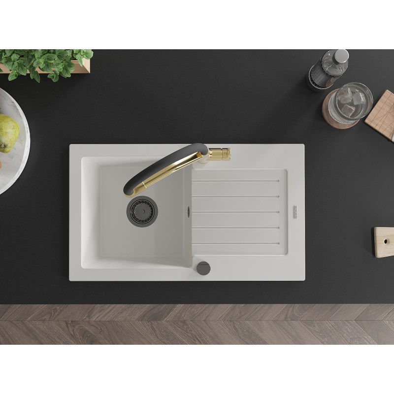 Mexen Pablo granitový dřez 1-komorový s odkapávačem a kuchyňskou baterií Duo, bílý - 6510-20-671701-57-B