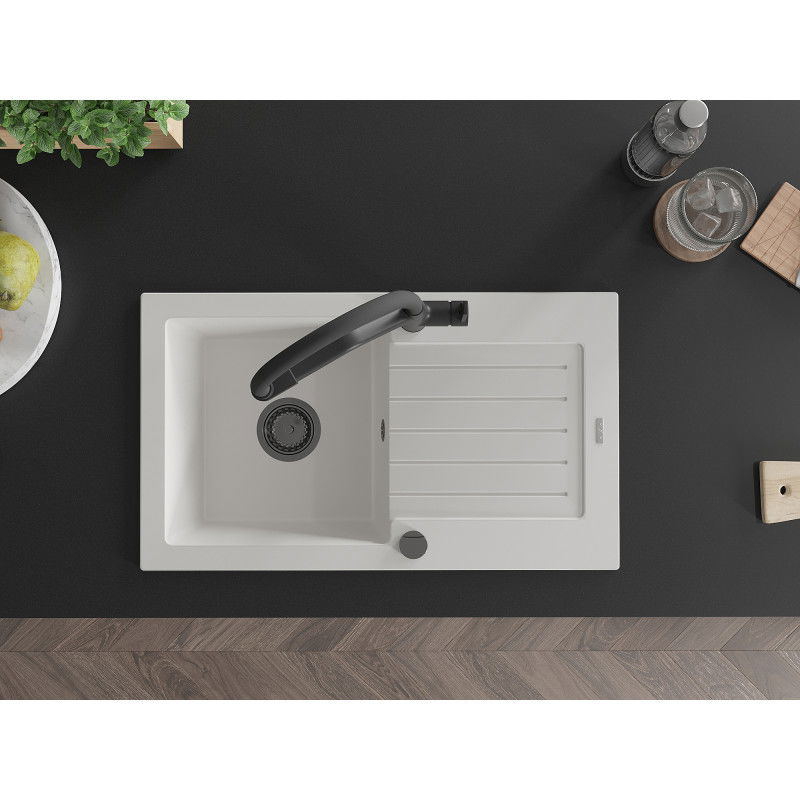 Mexen Pablo granitový dřez 1-komorový s odkapávačem a kuchyňskou baterií Duo, bílý - 6510-20-671701-70-B