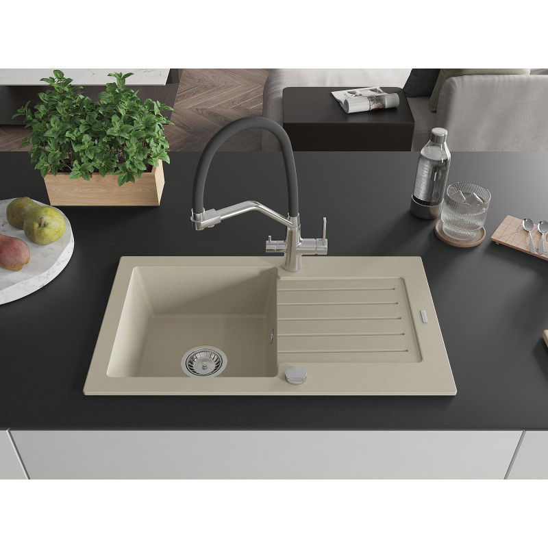 Mexen Pablo granitový dřez 1-komorový s odkapávačem a kuchyňskou baterií Duo, béžový - 6510-69-671701-07