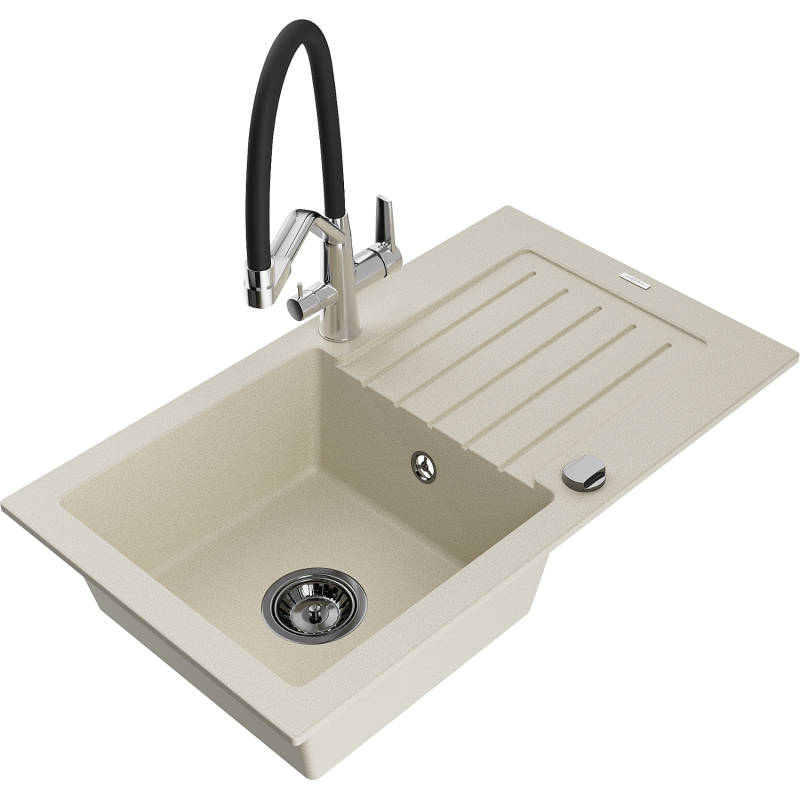 Mexen Pablo granitový dřez 1-komorový s odkapávačem a kuchyňskou baterií Duo, béžový - 6510-69-671701-07-B